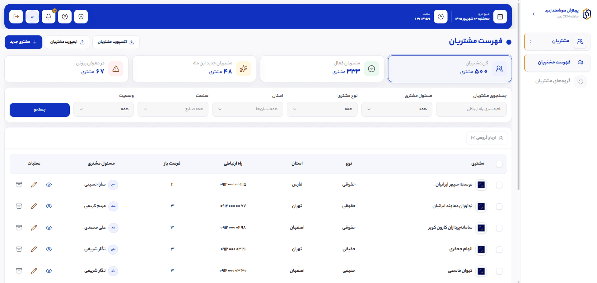 فهرست مشتریان و شرکتها در سامانه رسازوم CRM