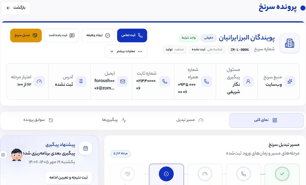 اطلاعات پایه، مسئول پیگیری، تعاملات اخیر و مسیر تبدیل در پرونده سرنخ رسازوم